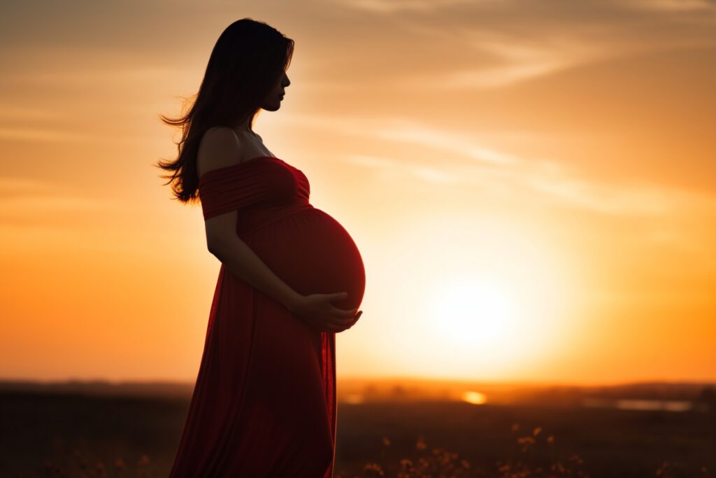 夕焼けのなか遠くを見つめる妊娠中の女性